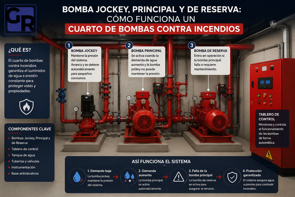 Bomba jockey, principal y de reserva: cómo funciona un cuarto de bombas contra incendios